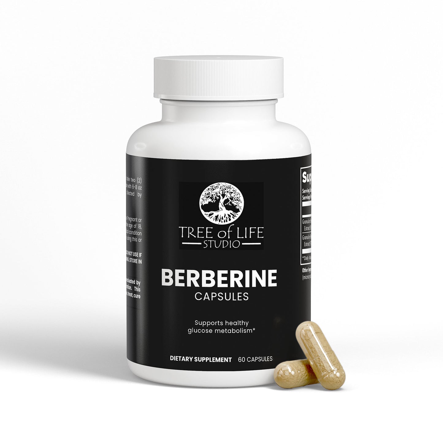 Tree of Life Studio premium berberine capsules bottle with two capsules for glucose metabolism support
