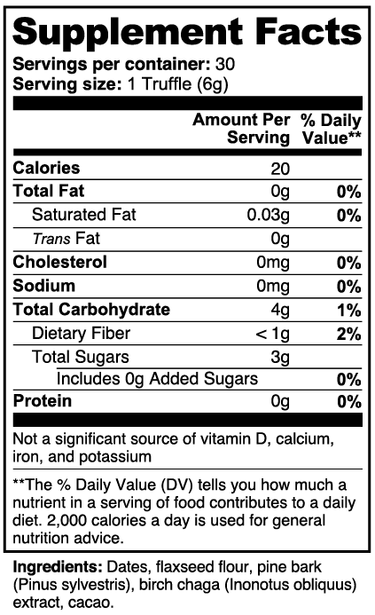 Supplement facts label for premium chaga mushroom truffles with nutritional information and ingredients