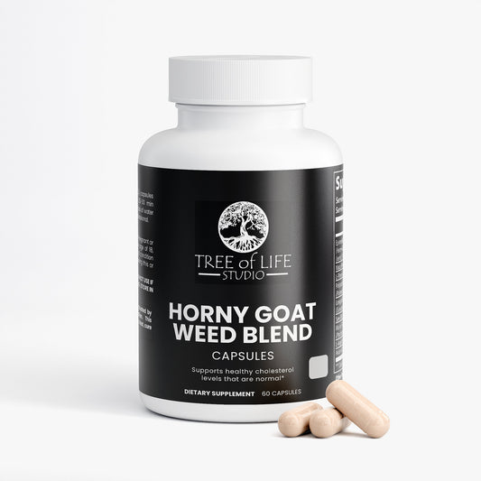 Tree of Life Studio premium horny goat weed blend capsules bottle with three capsules displayed