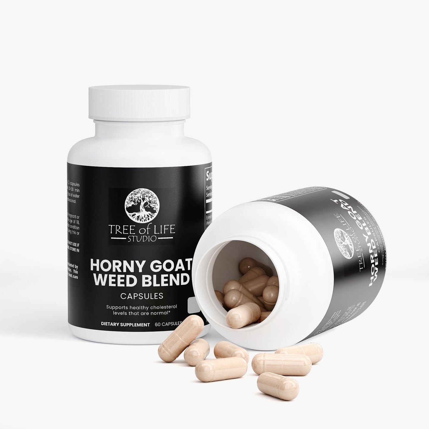 Tree of Life Studio premium horny goat weed blend capsules dietary supplement bottles with beige capsules
