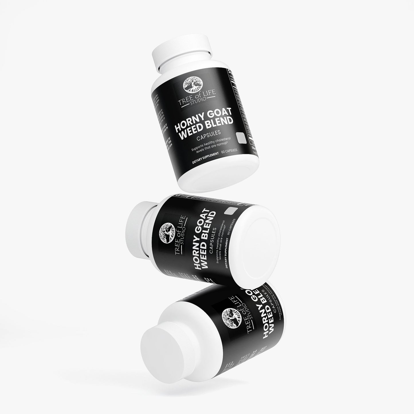 Tree of Life Studio premium horny goat weed blend capsules bottle with black label floating on white background