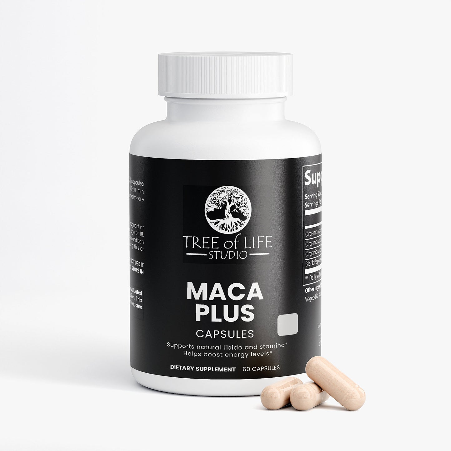 Tree of Life Studio Maca Plus capsules bottle with three beige capsules premium maca supplement