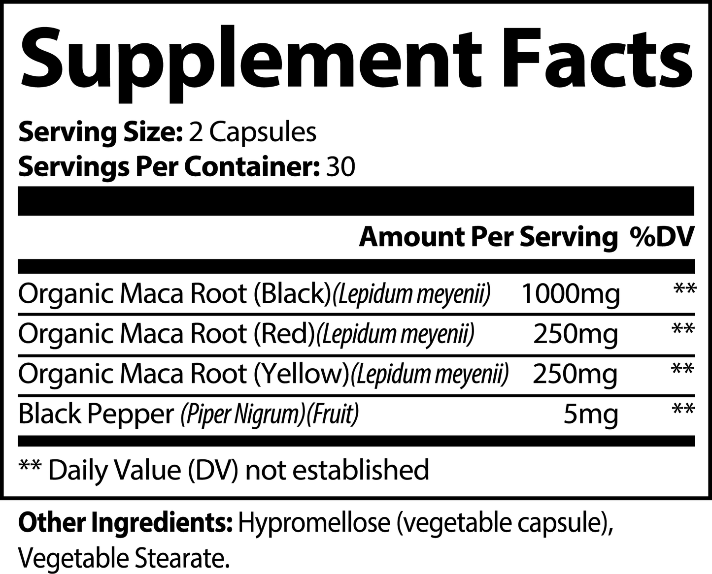 Supplement facts label displaying ingredients of premium maca supplement from Tree of Life Studio