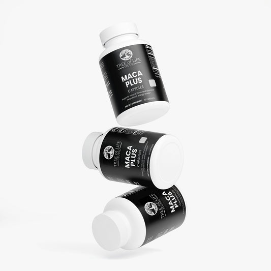 Tree of Life Studio premium maca supplement Maca Plus capsules in black and white bottles