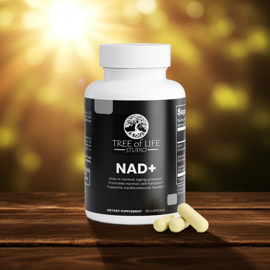 Tree of Life Studio NAD+ specialty supplements bottle with capsules, premium NAD+ energy boosters