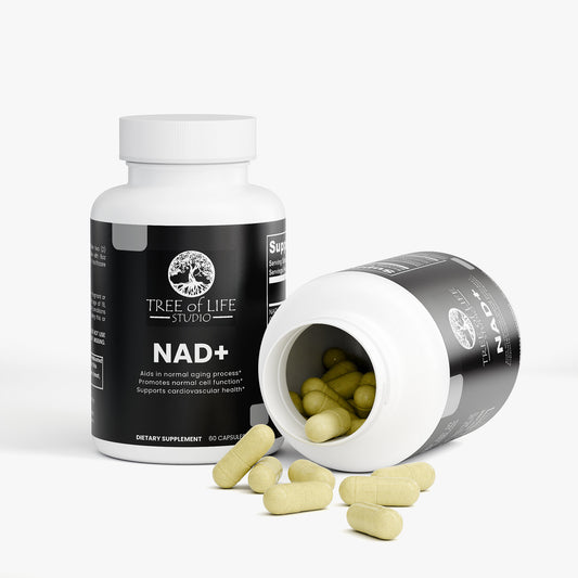 Tree of Life Studio premium NAD+ energy boosters supplement bottles with capsules spilled on white background