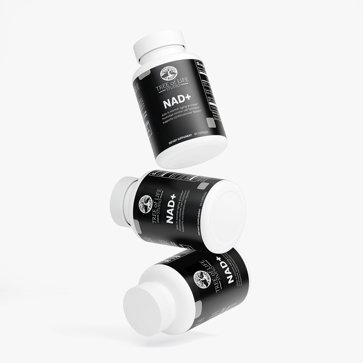 Tree of Life Studio premium NAD+ energy boosters specialty supplements in white bottles with black labels