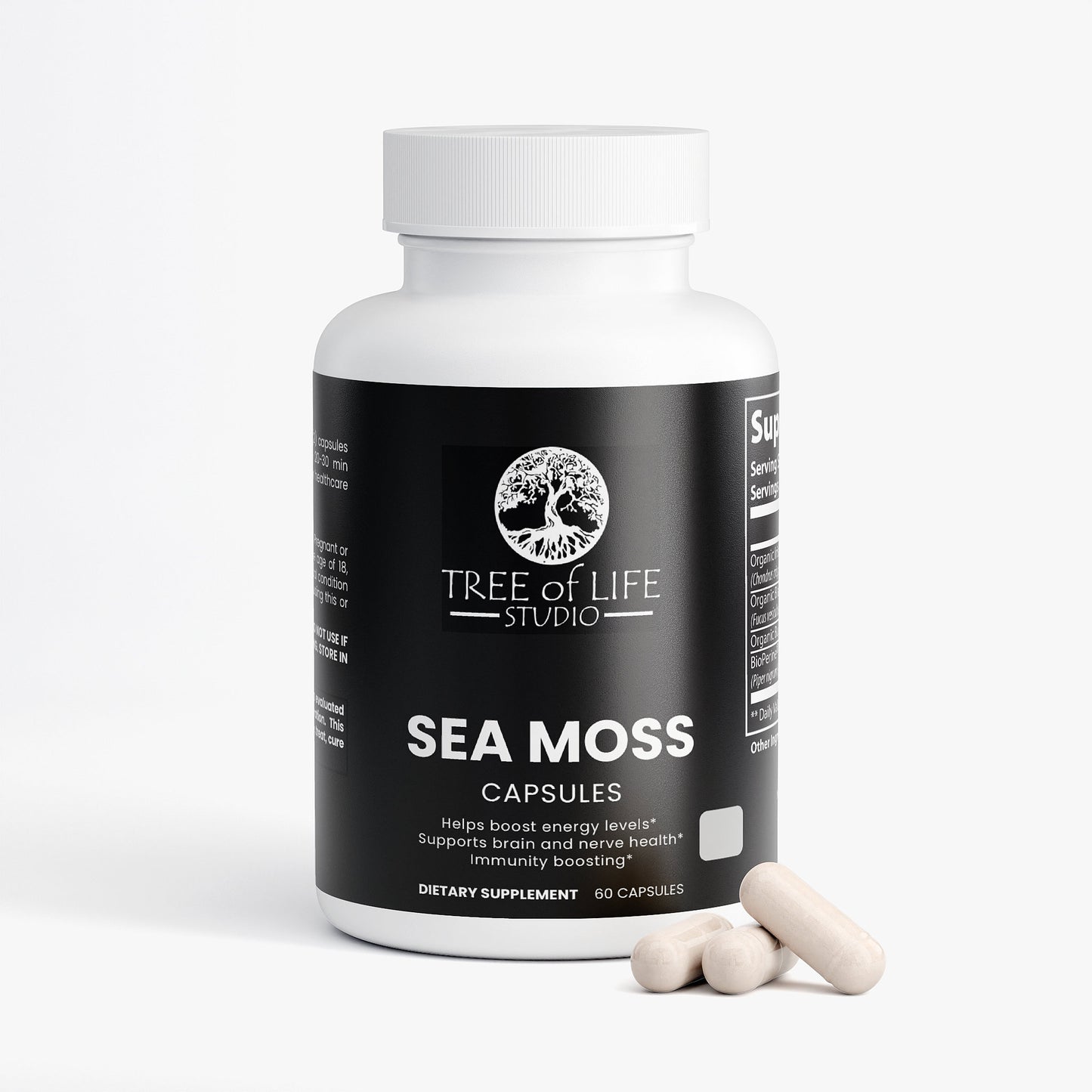 Tree of Life Studio premium sea moss capsules bottle with three capsules on white background