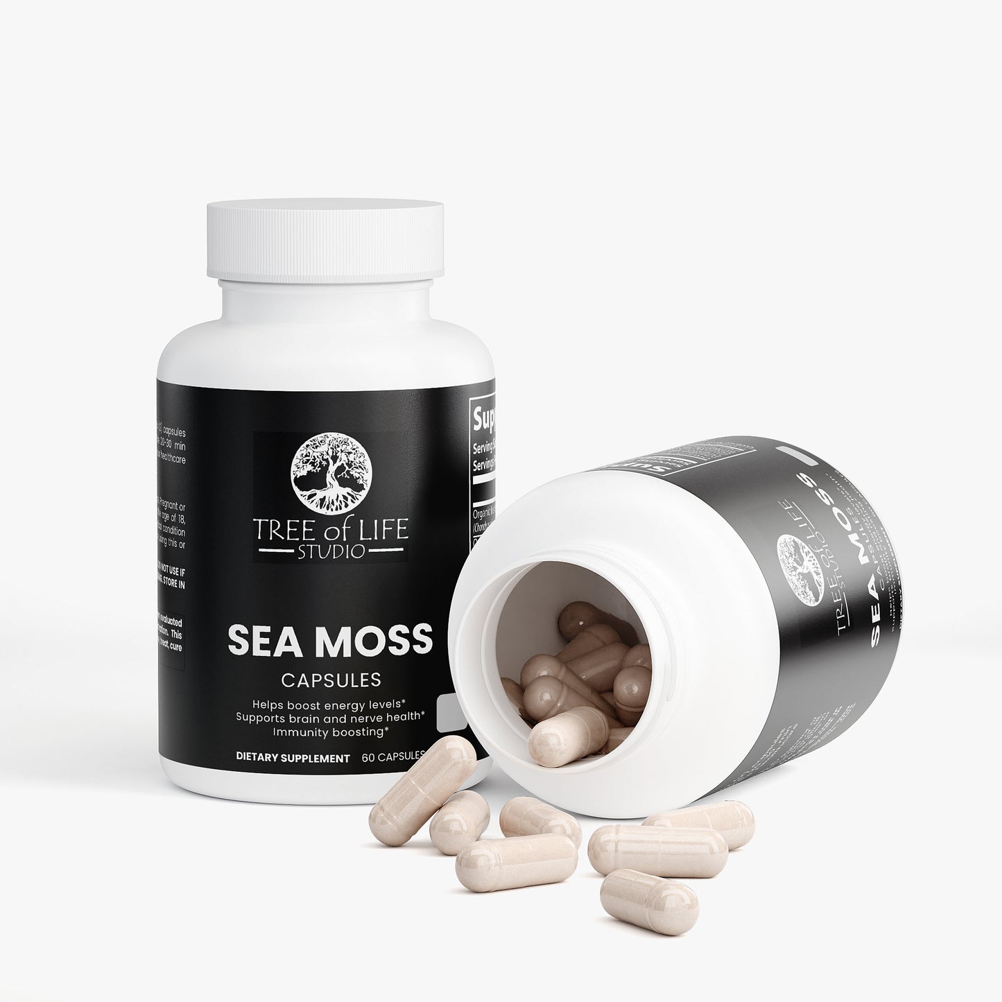 Tree of Life Studio premium sea moss capsules bottle and open container with natural extract capsules