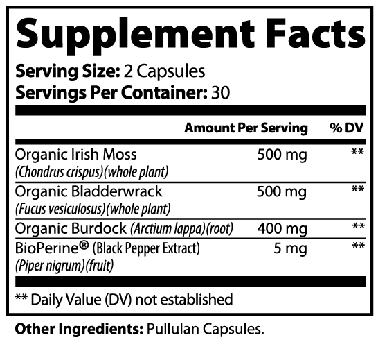 Supplement facts label for Tree of Life Studio premium sea moss capsules with organic Irish moss and other natural extracts