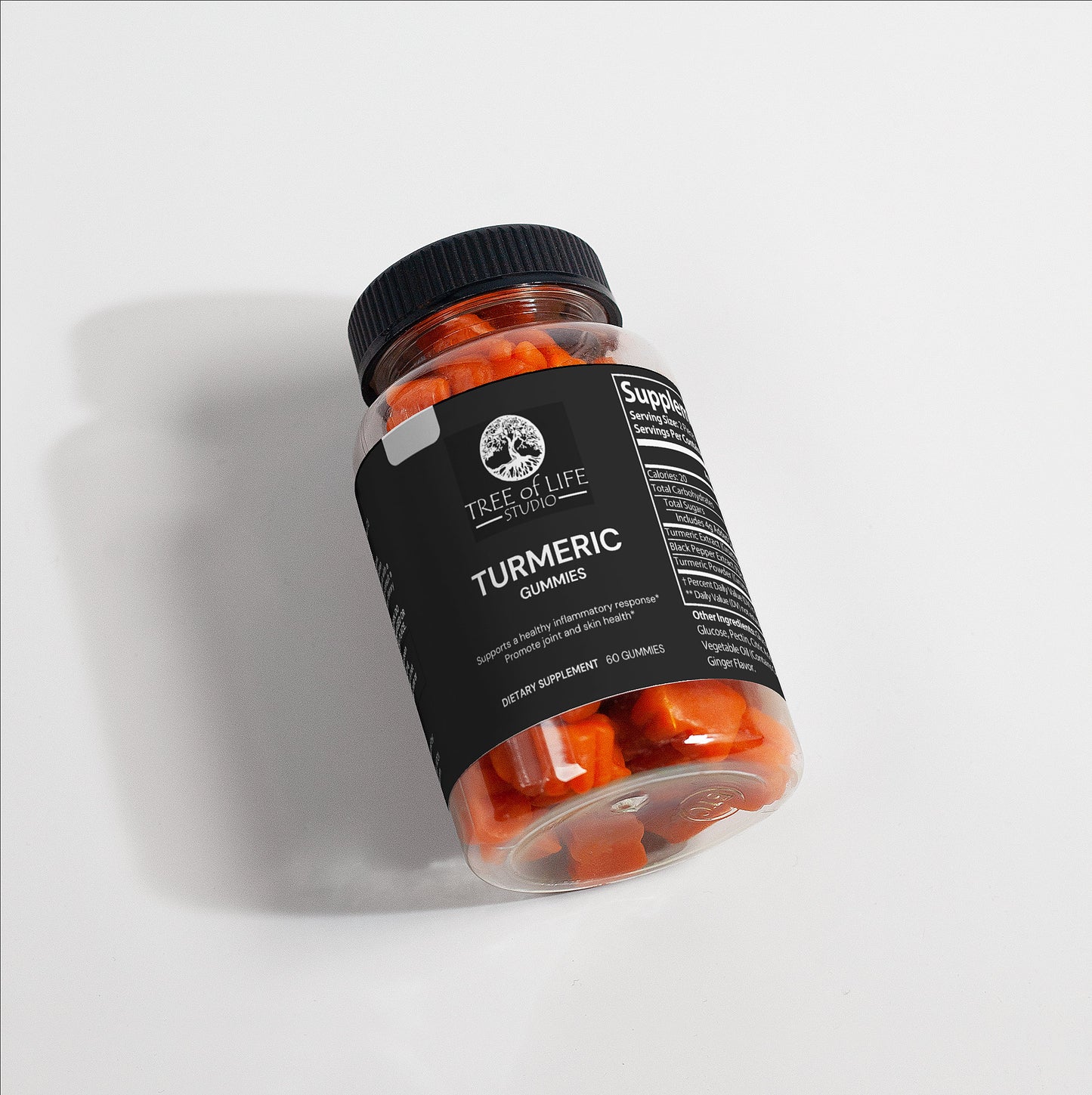 Tree of Life Studio premium turmeric gummies USA bottle with black label and orange supplements inside