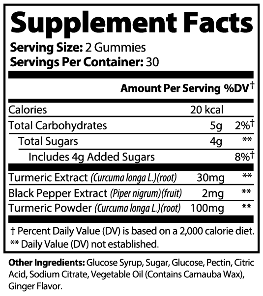 Supplement facts label for premium turmeric gummies USA showing ingredients and nutritional information