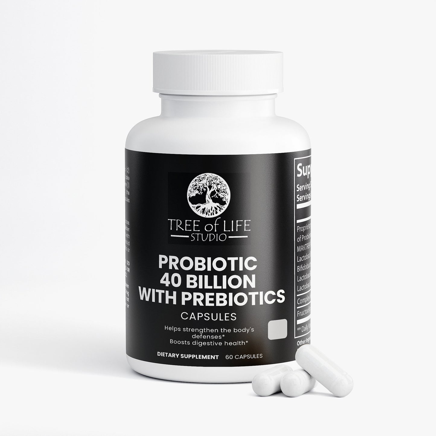 Tree of Life Studio probiotic and prebiotic 40 billion capsules dietary supplement bottle with capsules