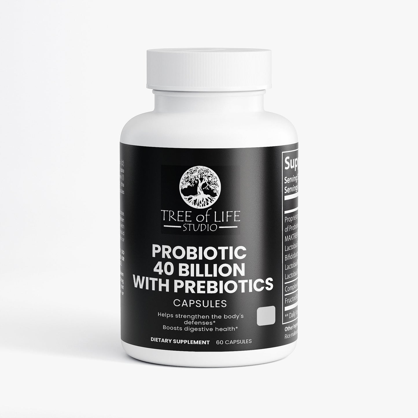 Tree of Life Studio probiotic and prebiotic 40 billion capsules dietary supplement bottle