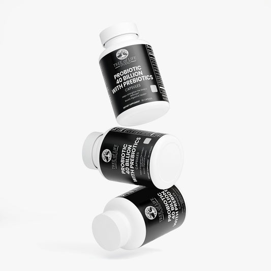 Tree of Life Studio probiotic and prebiotic 40 billion capsules bottle with black label shown from multiple angles