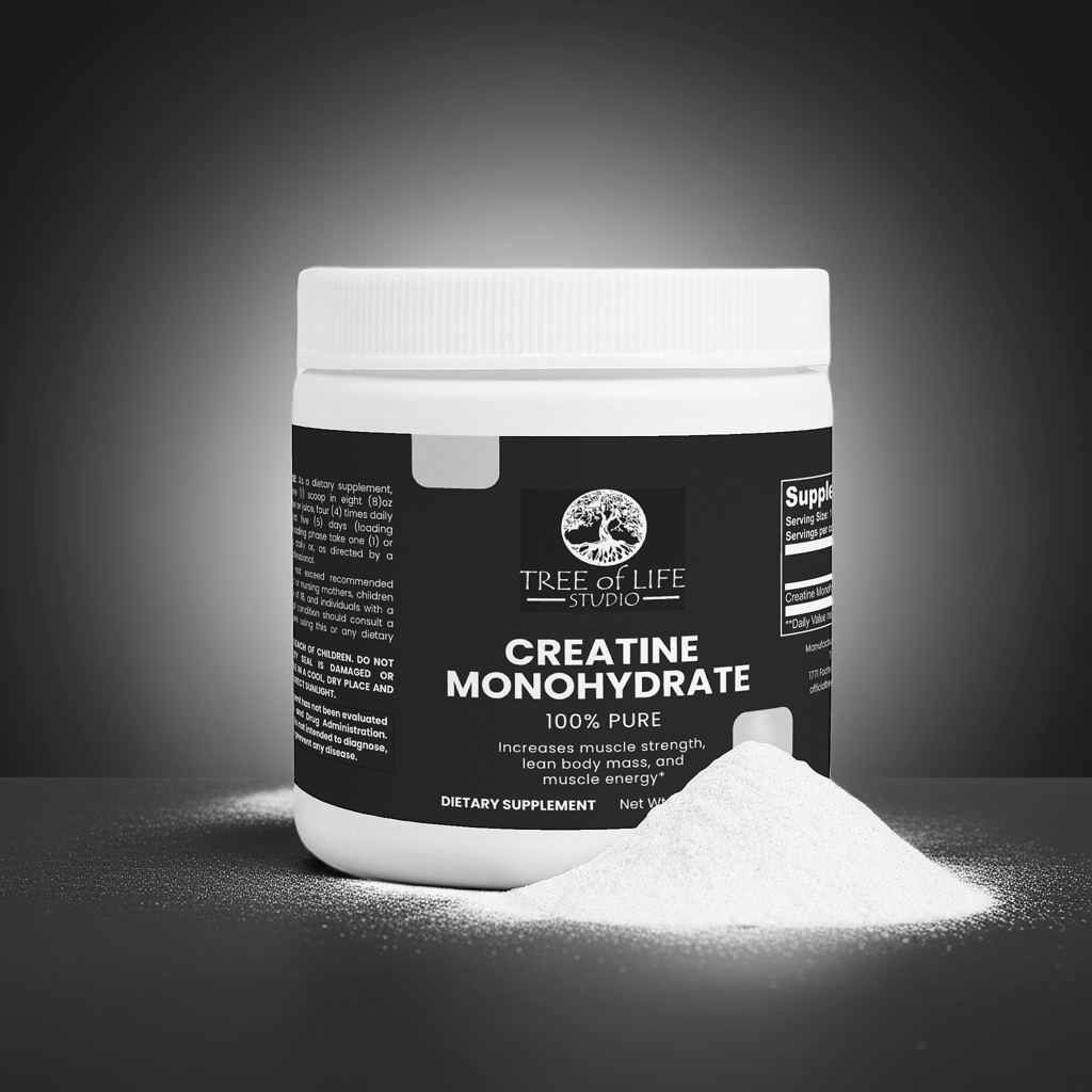 Tree of Life Studio pure creatine monohydrate powder container with white powder mound