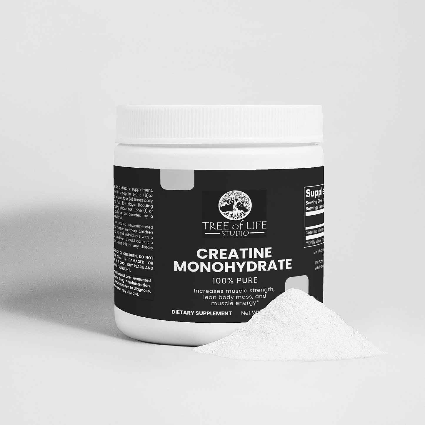 Tree of Life Studio creatine monohydrate container with pure creatine monohydrate powder pile in front