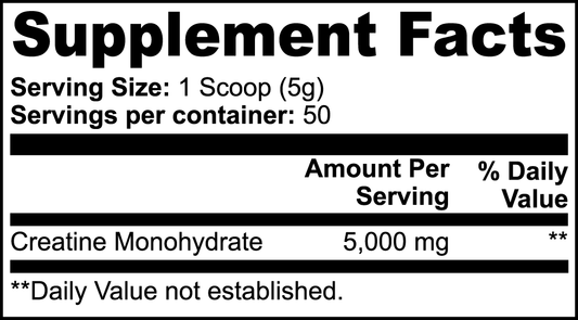 Supplement facts label showing pure creatine monohydrate powder 5000 mg per 5g scoop