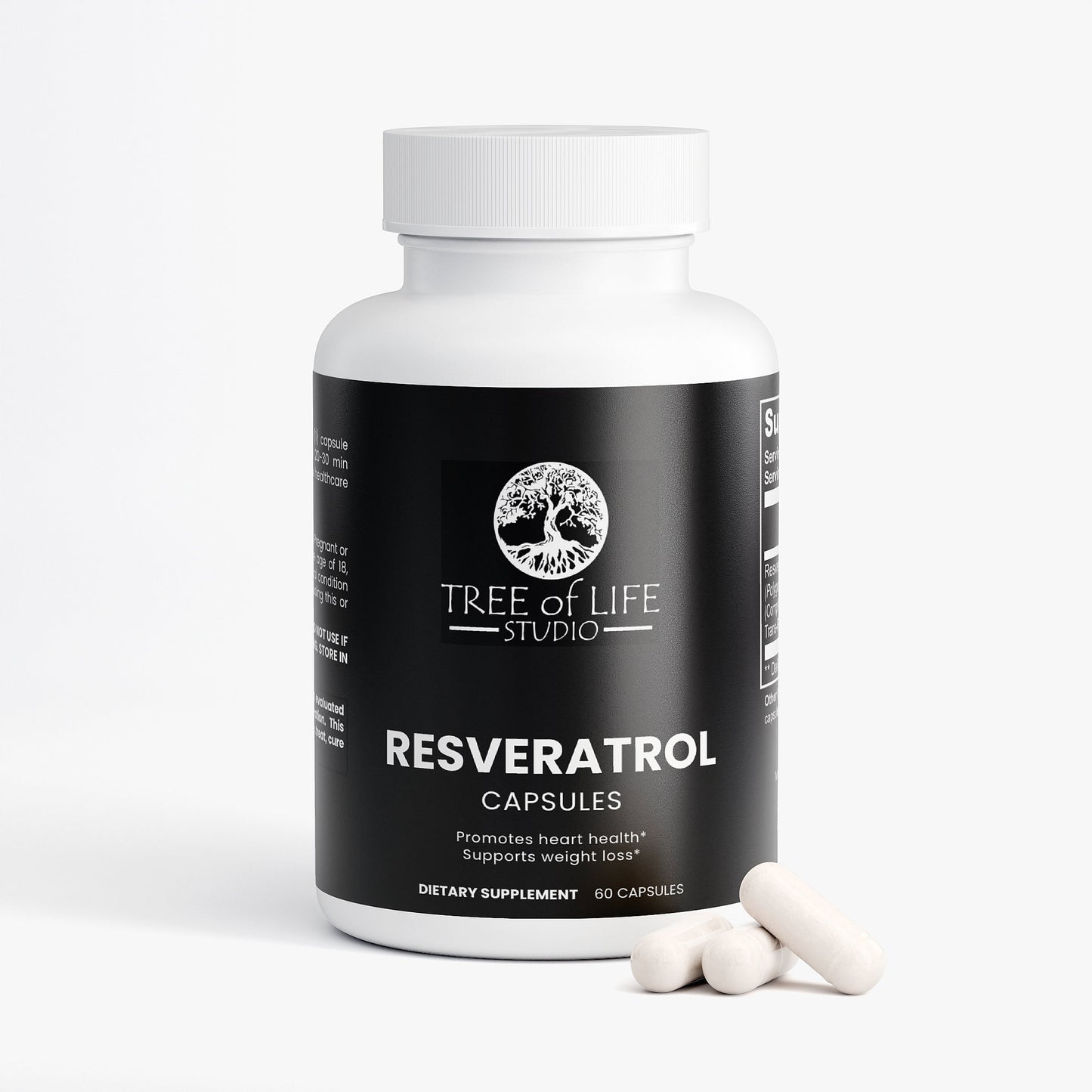 Tree of Life Studio resveratrol 600mg capsules dietary supplement bottle with white capsules