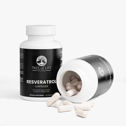 Tree of Life Studio resveratrol 600mg capsules dietary supplement bottles with white capsules spilling out