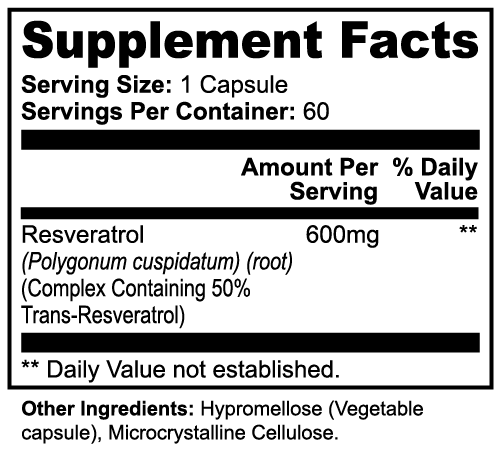 Supplement facts label for Tree of Life Studio resveratrol 600mg capsules showing serving size and ingredients