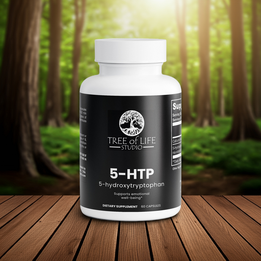 Tree of Life Studio American made 5-HTP supplement bottle with 60 capsules for emotional support