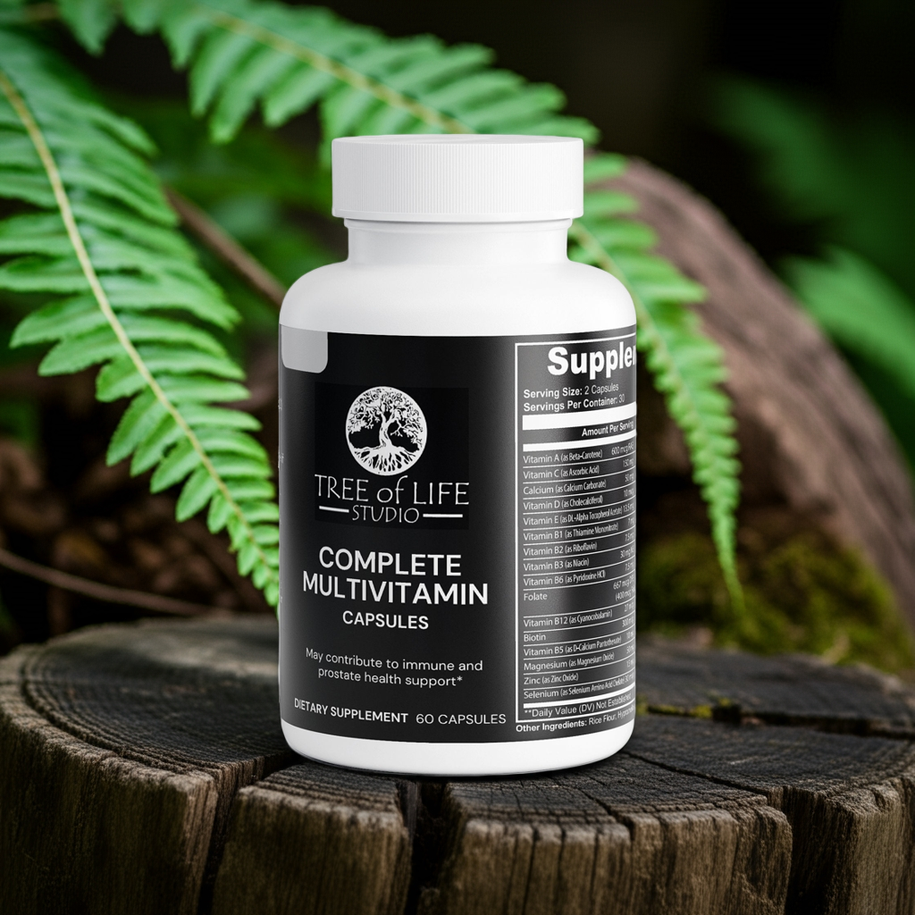 Tree of Life Studio American made complete multivitamin capsules bottle on wooden surface with green leaves background