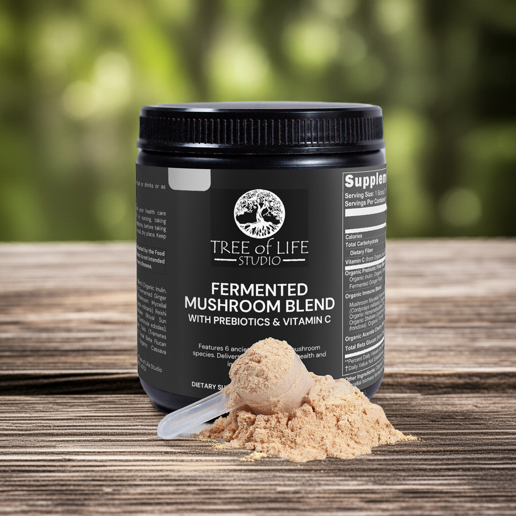 Tree of Life Studio best fermented mushroom blend powder with prebiotics and vitamin C in black container