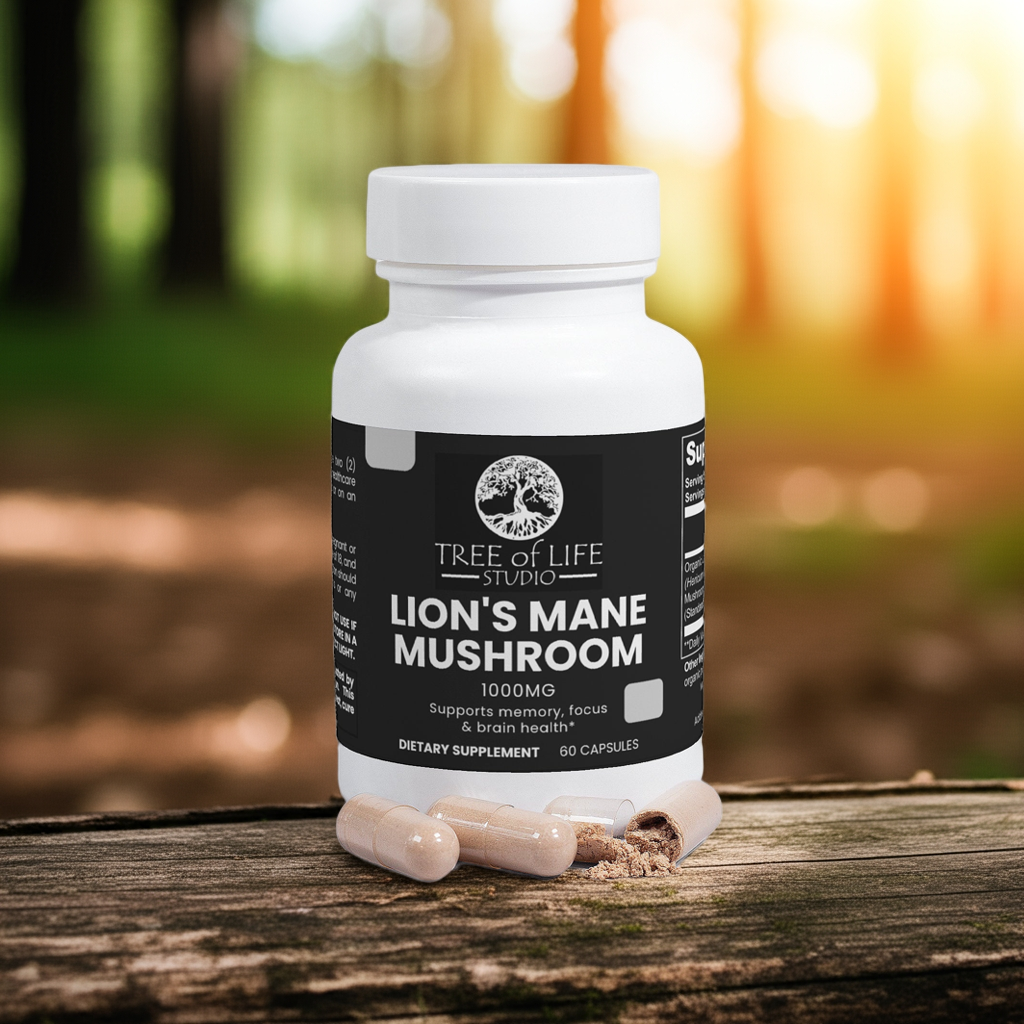 Tree of Life Studio Lion's Mane Mushroom supplement bottle with capsules on wooden surface outdoors