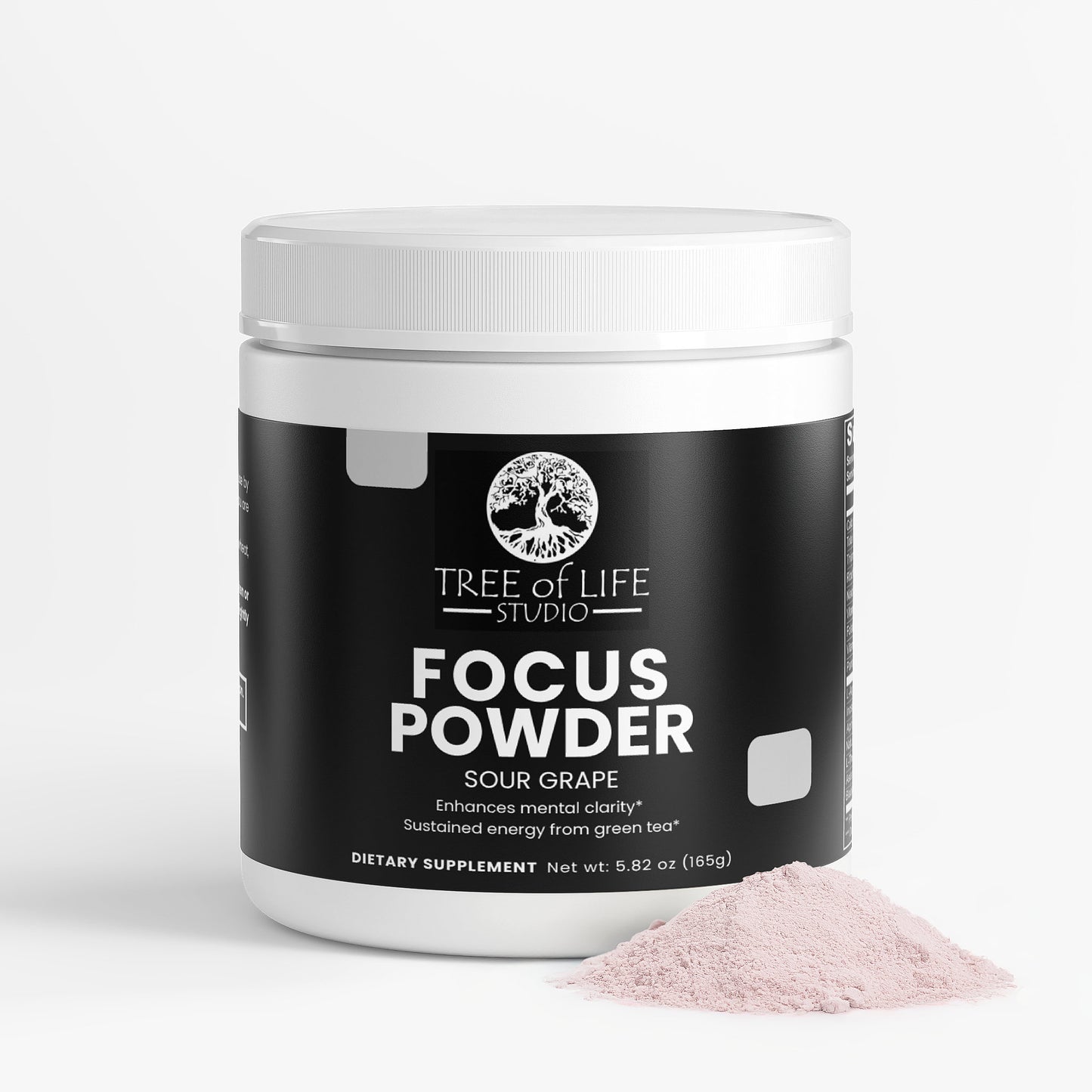 Tree of Life Studio nootropic powder for mental clarity in sour grape flavor with pink powder pile