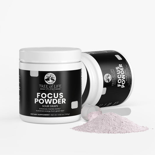 Tree of Life Studio Focus Powder sour grape nootropic powder for mental clarity with scoop and powder pile
