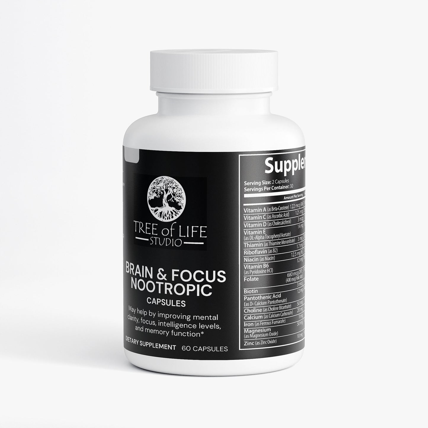 Tree of Life Studio brain and focus nootropic supplements to improve memory and focus in white bottle