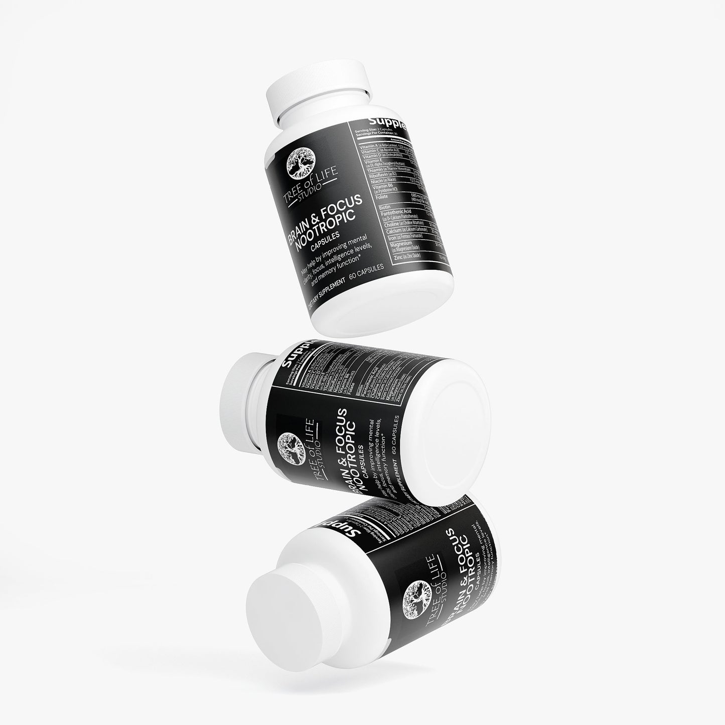 Tree of Life Studio specialty supplements to improve memory and focus in white bottles with black labels