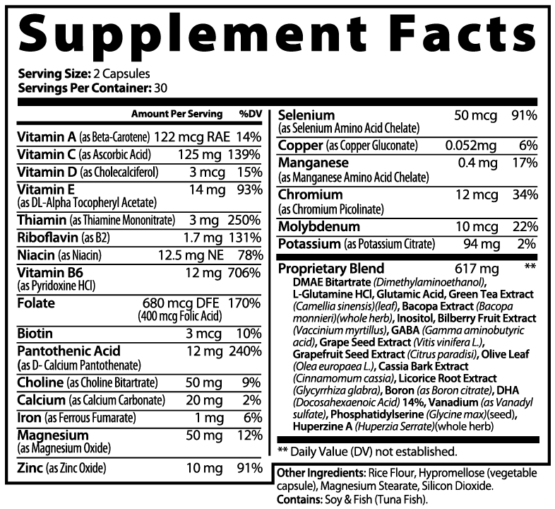 Tree of Life Studio supplements to improve memory and focus with detailed supplement facts label