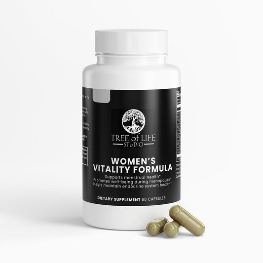 Tree of Life Studio Women's Vitality Formula dietary supplement bottle with capsules natural formula for menopause support