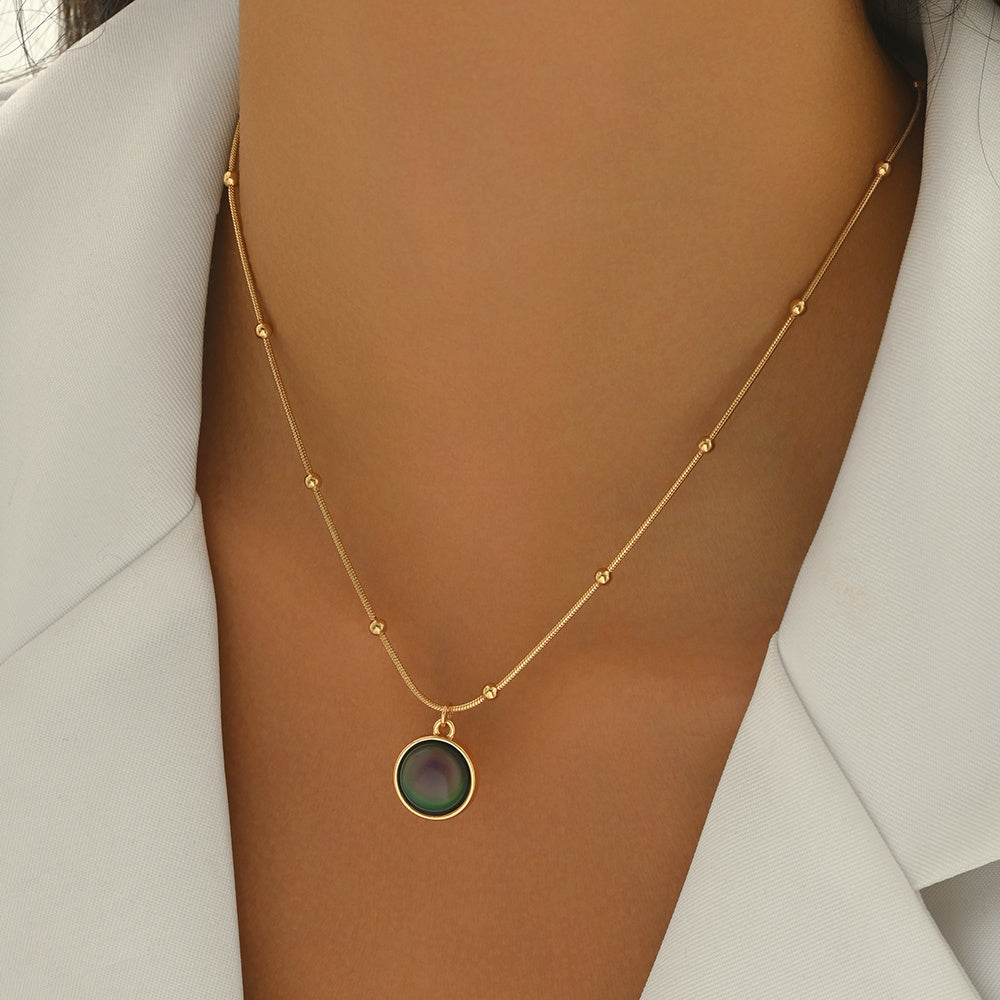 18k gold plated mood necklace with round pendant on delicate beaded chain by Tree of Life Studio