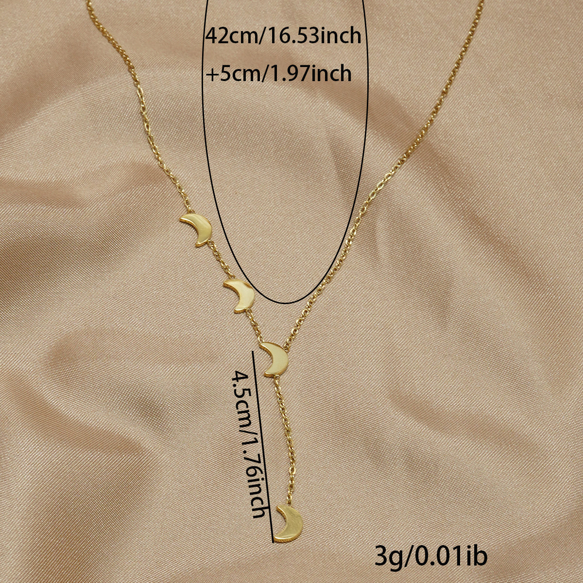 Hypoallergenic moon pendant necklace by Tree of Life Studio with gold chain and crescent moon charms