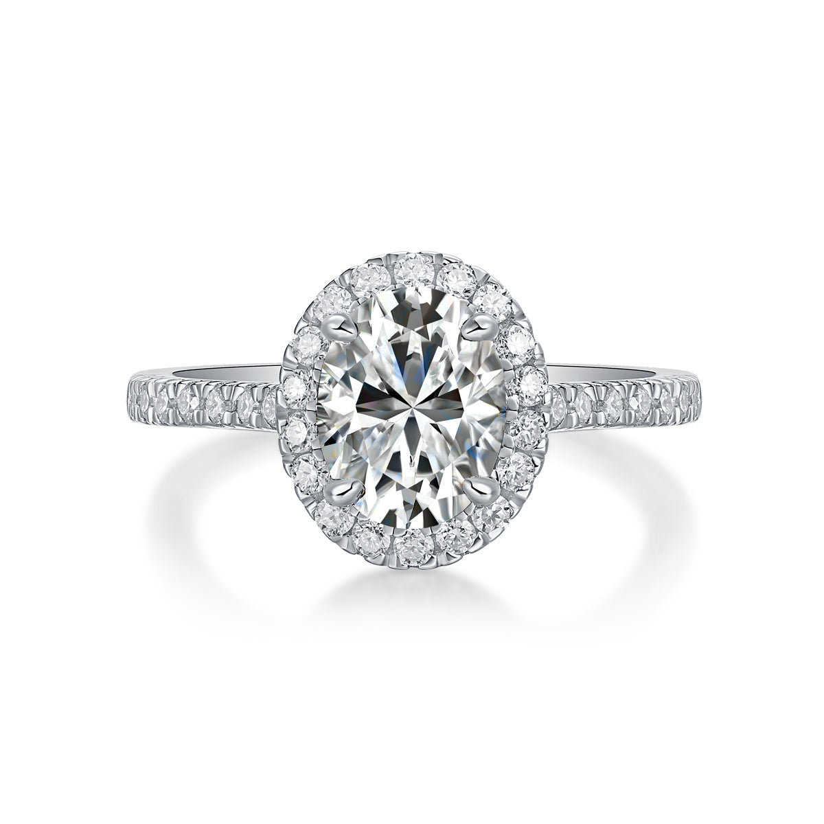 large moissanite halo ring with oval center stone and diamond accents