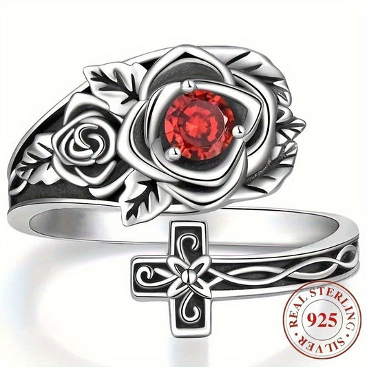 925 silver rose and cross ring red cubic zirconia from Tree of Life Studio with detailed floral and cross design