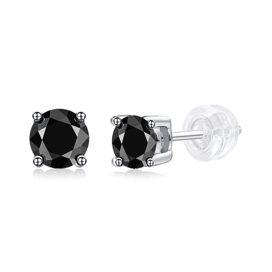 Black mosan diamond stud earrings by Tree of Life Studio with silver prong setting and clear backings