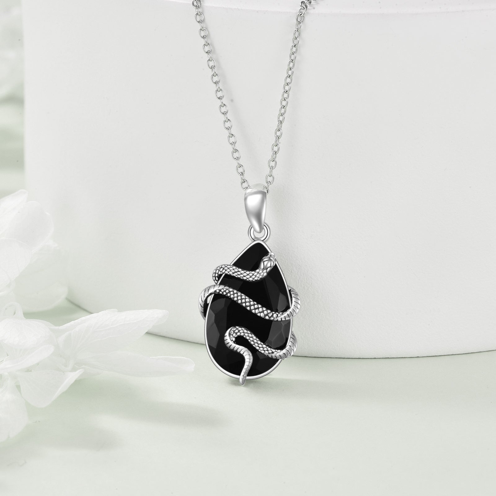 Tree of Life Studio black obsidian snake necklace with silver chain and snake wrap pendant