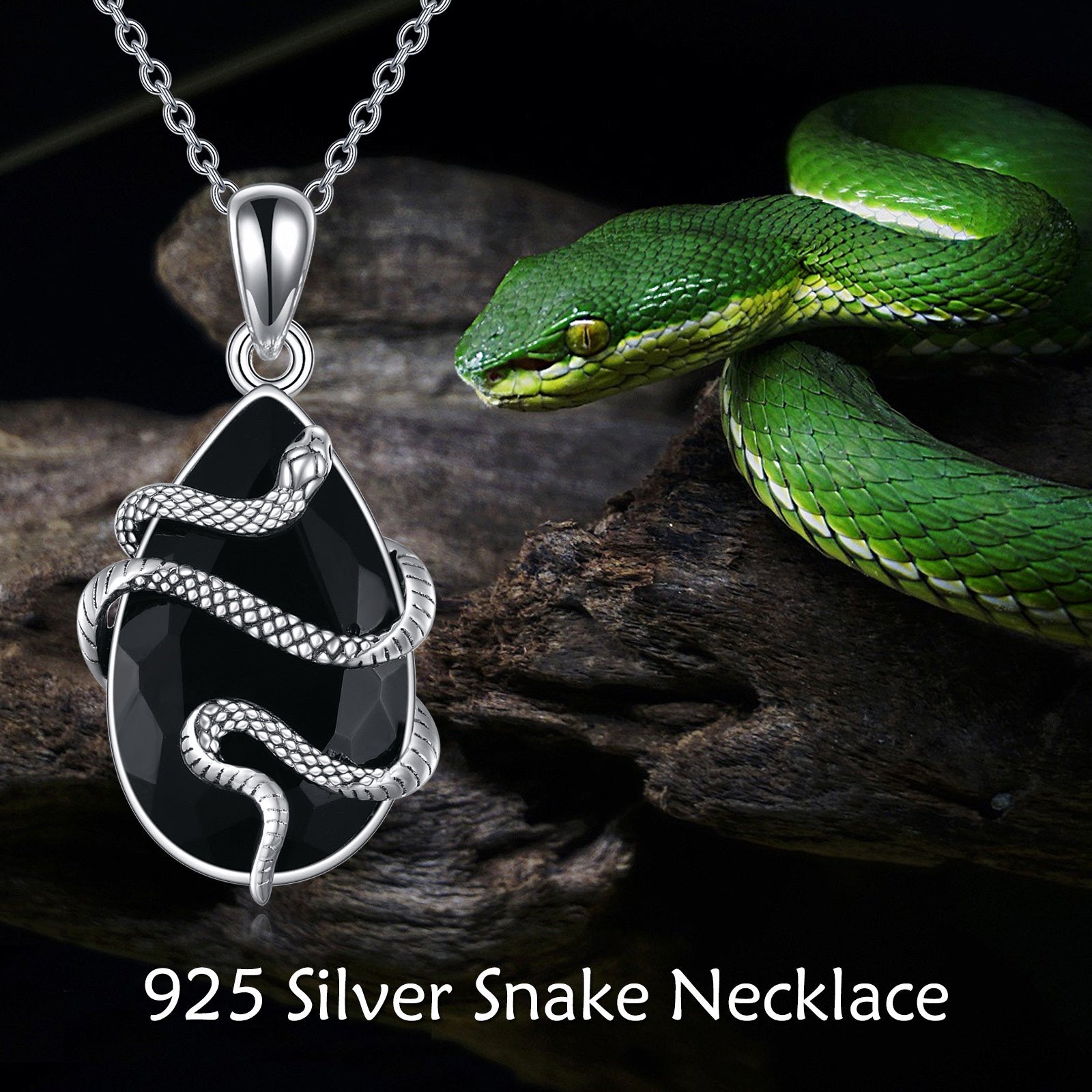 Black obsidian snake necklace with 925 silver pendant featuring a snake design from Tree of Life Studio