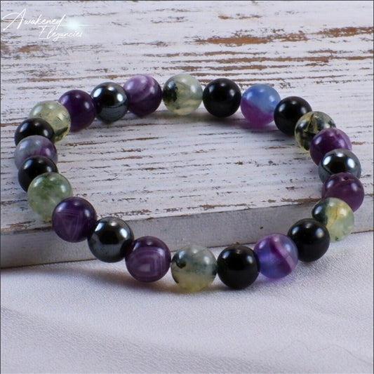Empath protection gemstone bracelet prehnite chevron amethyst hematite rainbow fluorite black tourmaline by Tree of Life Studio