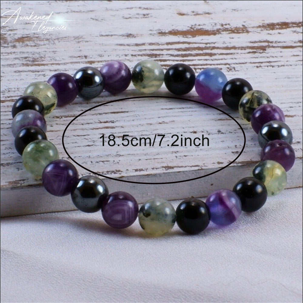 Tree of Life Studio empath protection gemstone bracelet prehnite chevron amethyst hematite rainbow fluorite black tourmaline