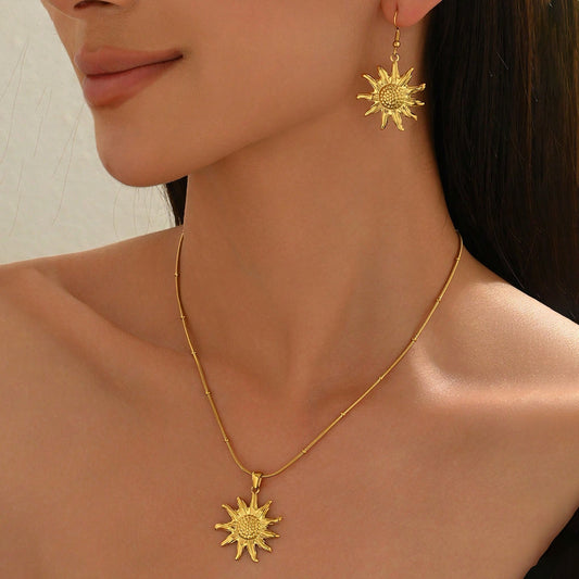 18K gold sun pendant necklace earring set hypoallergenic by Tree of Life Studio worn on model