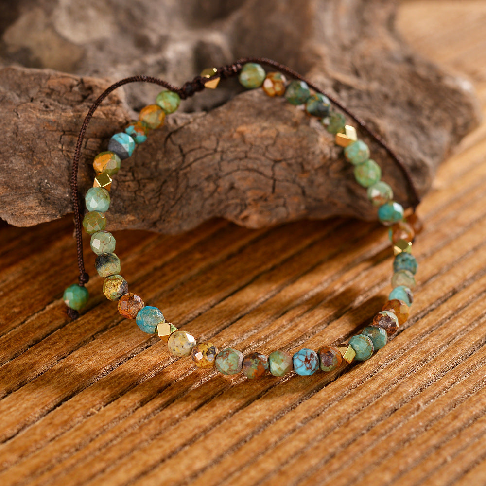 Natural African turquoise handmade bracelet with green and blue beads on adjustable brown cord