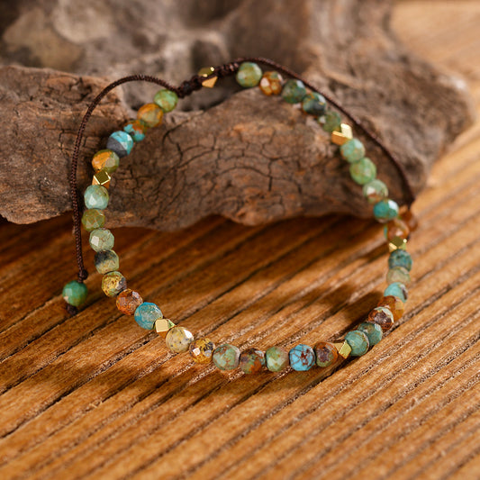 Natural African turquoise handmade bracelet with green and blue beads on adjustable brown cord
