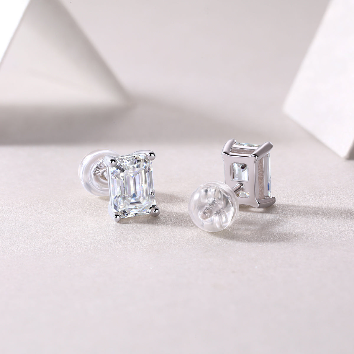 Tree of Life Studio princess cut moissanite studs earrings in silver setting with clear backs