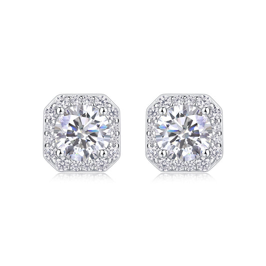 moissanite diamond earrings for women with sparkling round center stones and halo setting