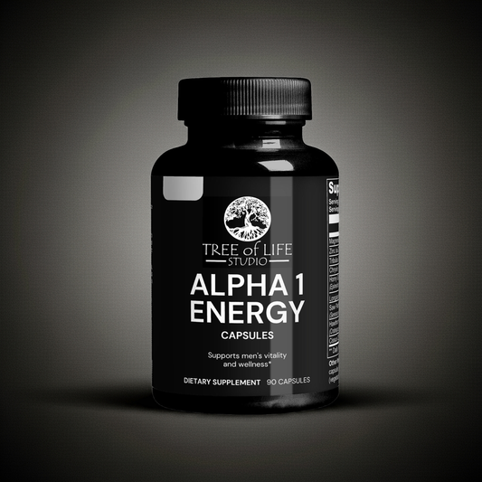 Tree of Life Studio Alpha 1 Energy supplement bottle with 90 capsules supporting men’s vitality